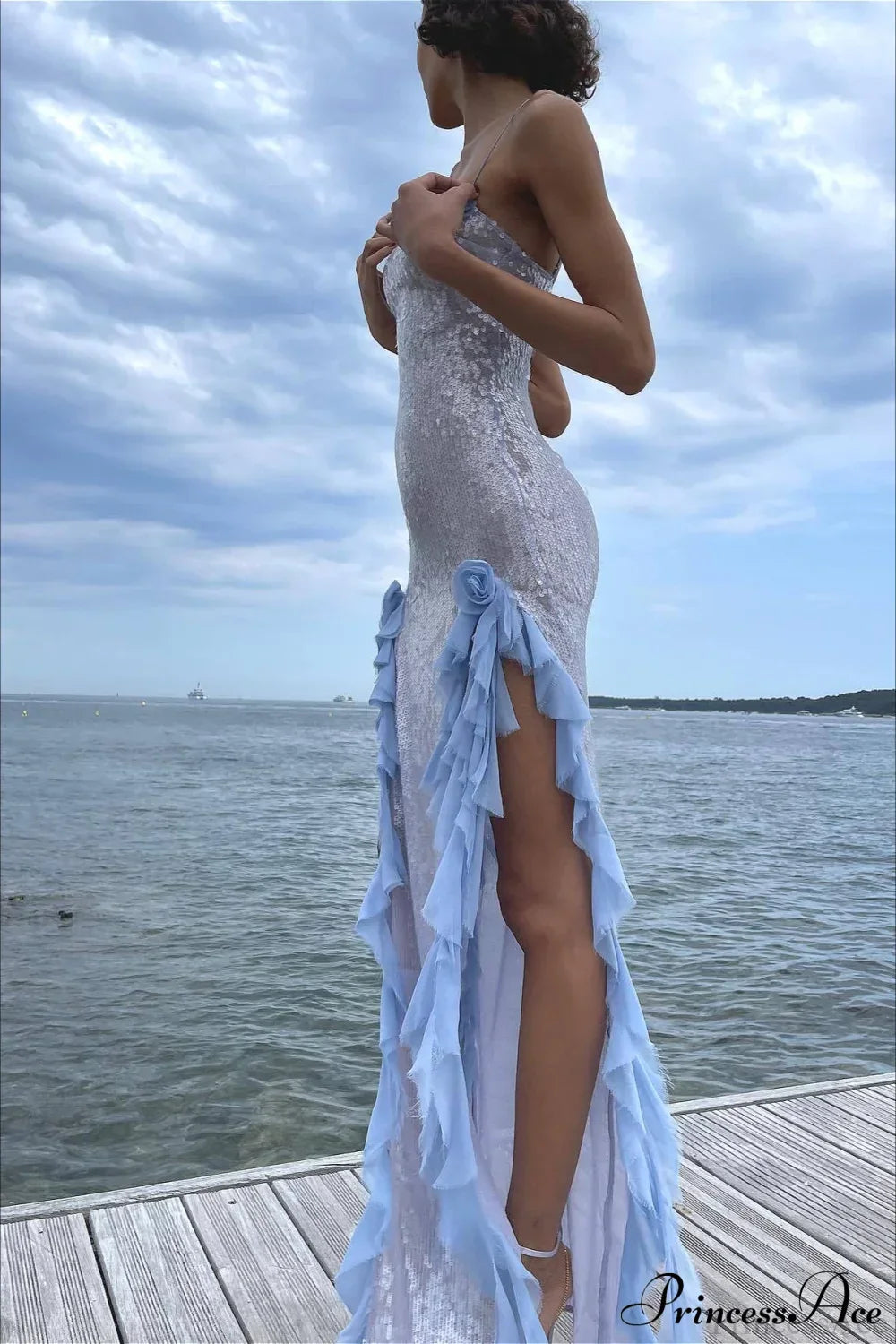 Sequin Spaghetti Strap Ruffle Slit Mermaid Gown