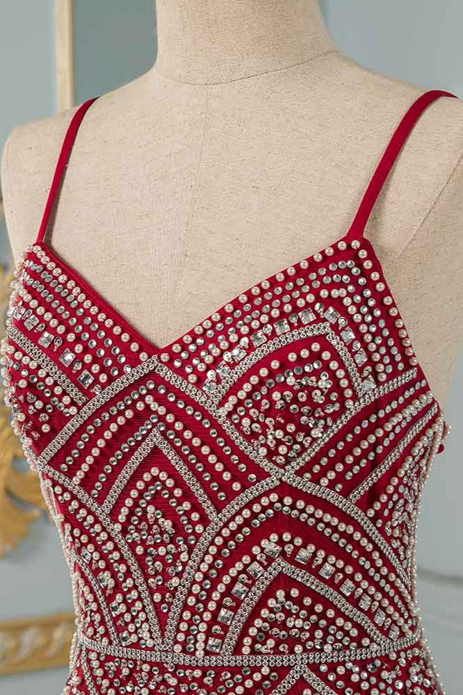 Chic Spaghetti Straps Burgundy Mermaid Prom Dresses with Rhinestones - Fashionpara