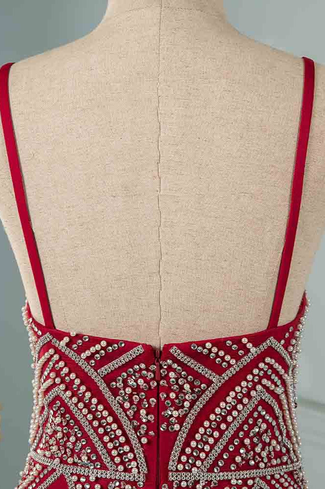 Chic Spaghetti Straps Burgundy Mermaid Prom Dresses with Rhinestones - Fashionpara