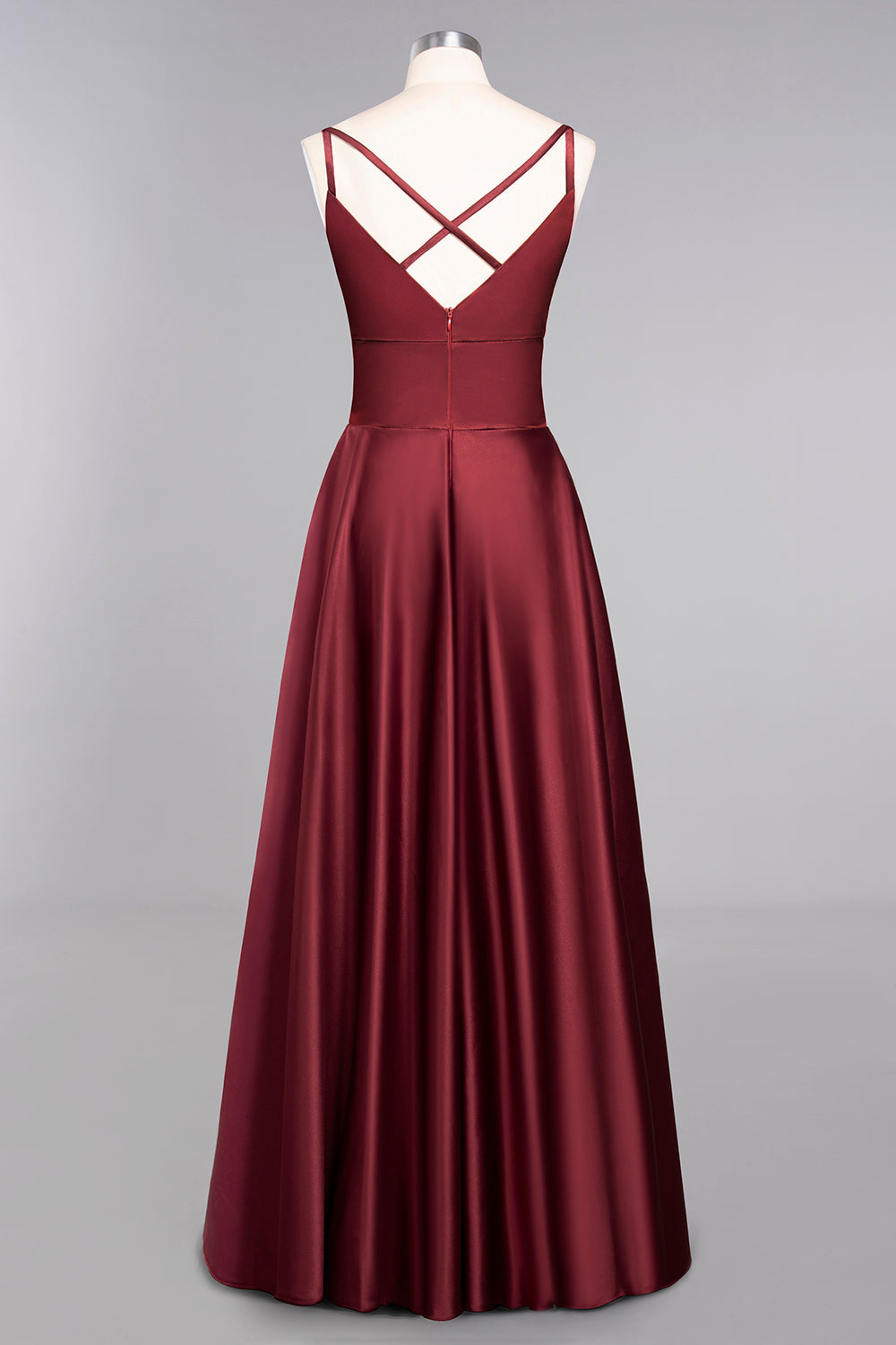 Chic Spaghetti-Straps Burgundy Satin Long Bridesmaid Dresses - Fashionpara