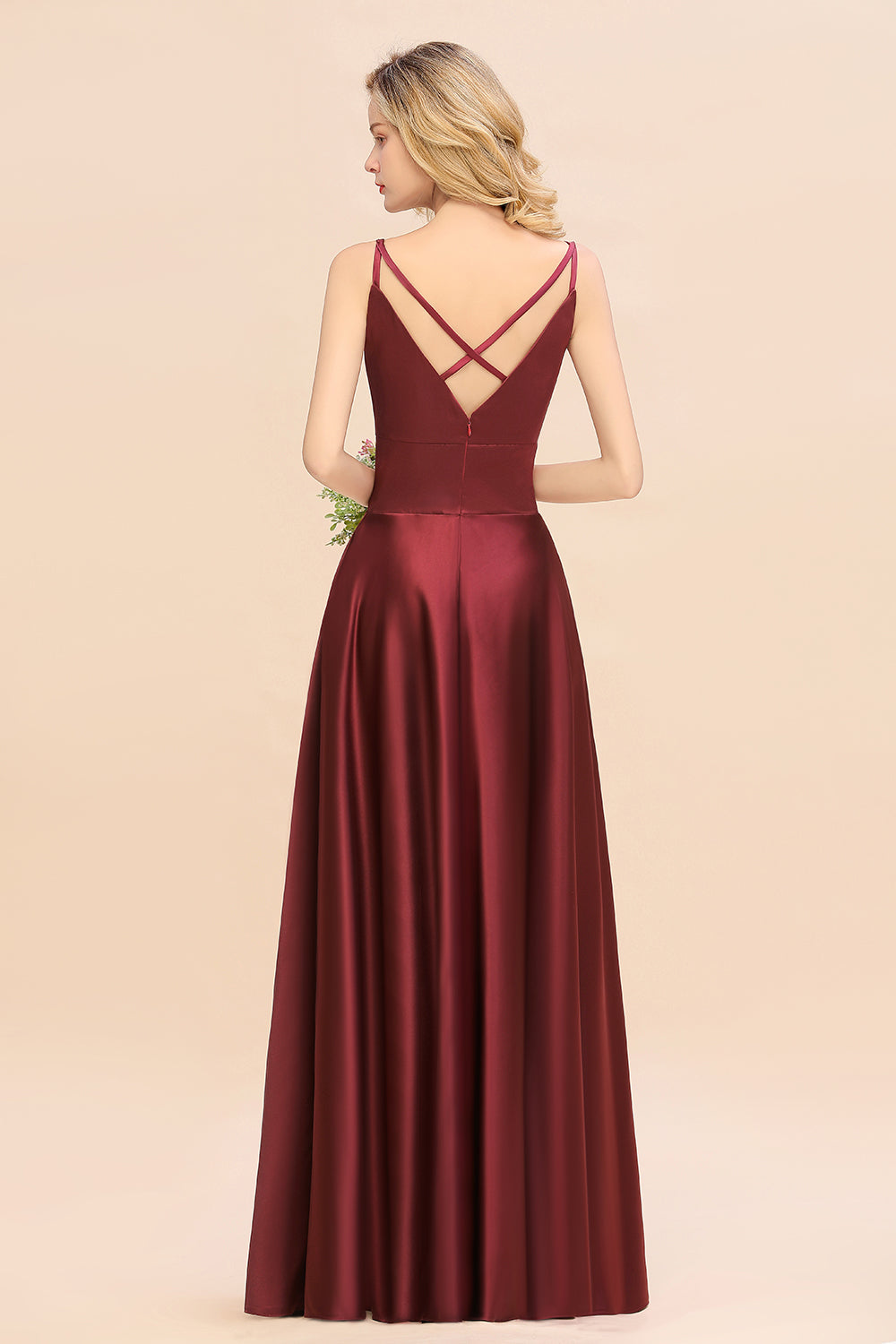 Chic Spaghetti-Straps Burgundy Satin Long Bridesmaid Dresses - Fashionpara