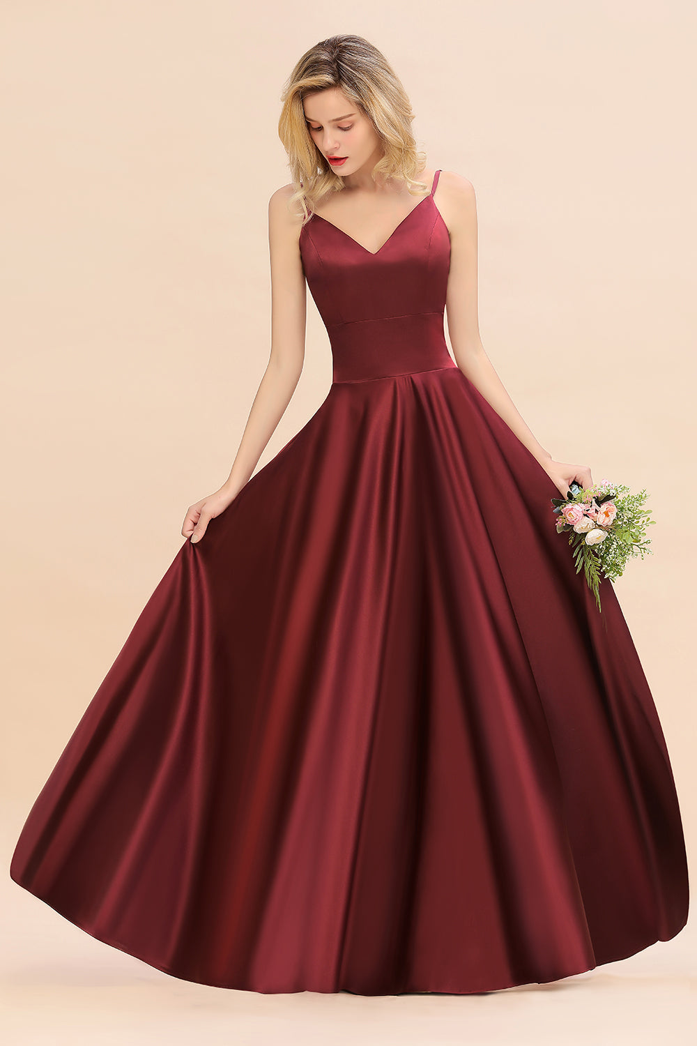 Chic Spaghetti-Straps Burgundy Satin Long Bridesmaid Dresses - Fashionpara