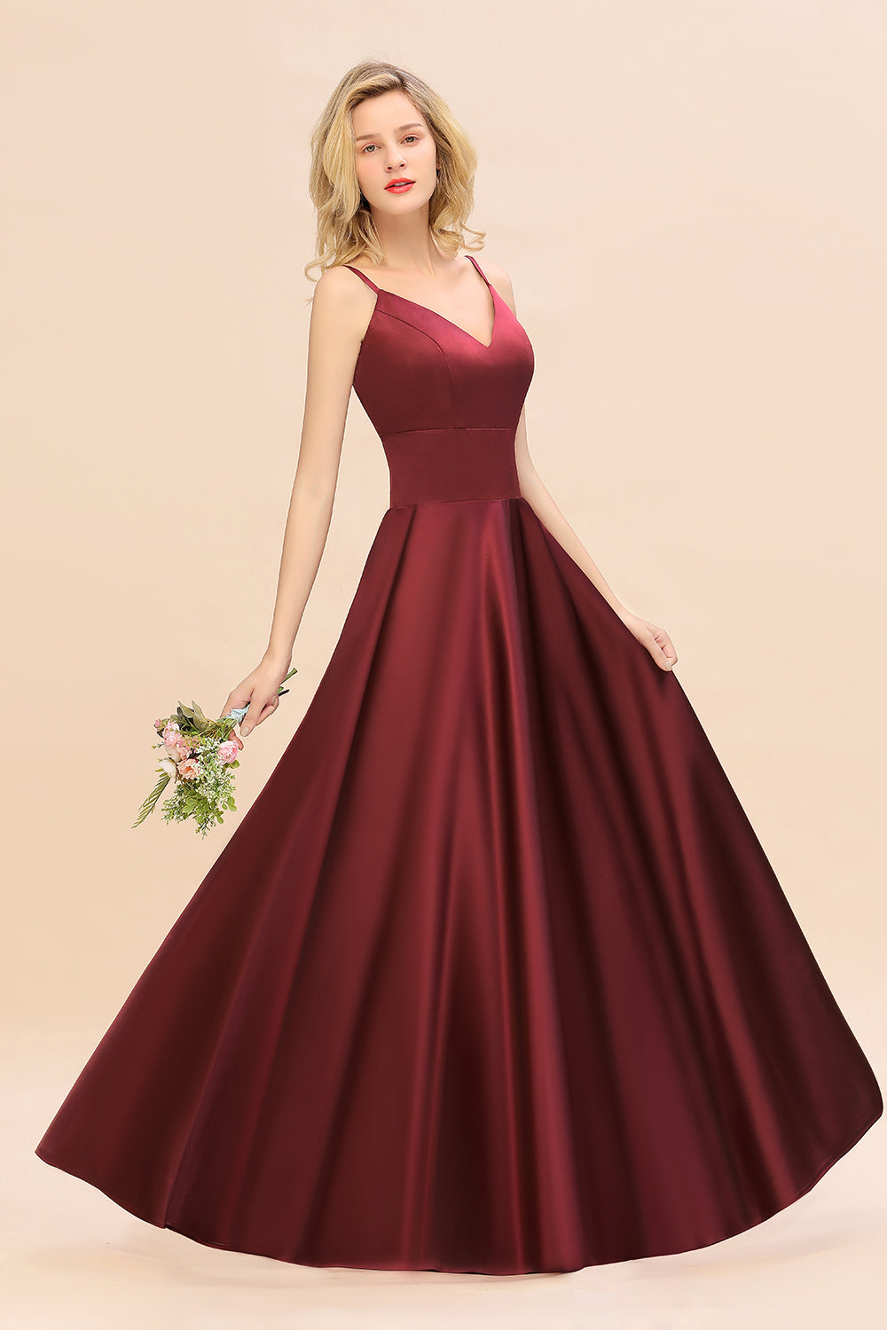 Chic Spaghetti-Straps Burgundy Satin Long Bridesmaid Dresses - Fashionpara