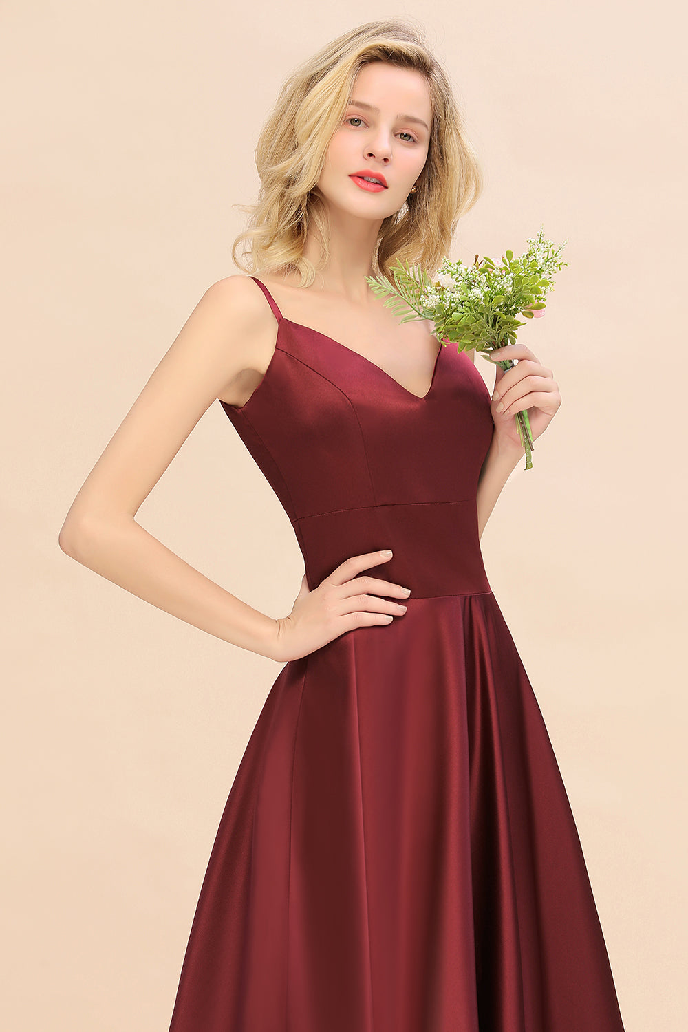 Chic Spaghetti-Straps Burgundy Satin Long Bridesmaid Dresses - Fashionpara