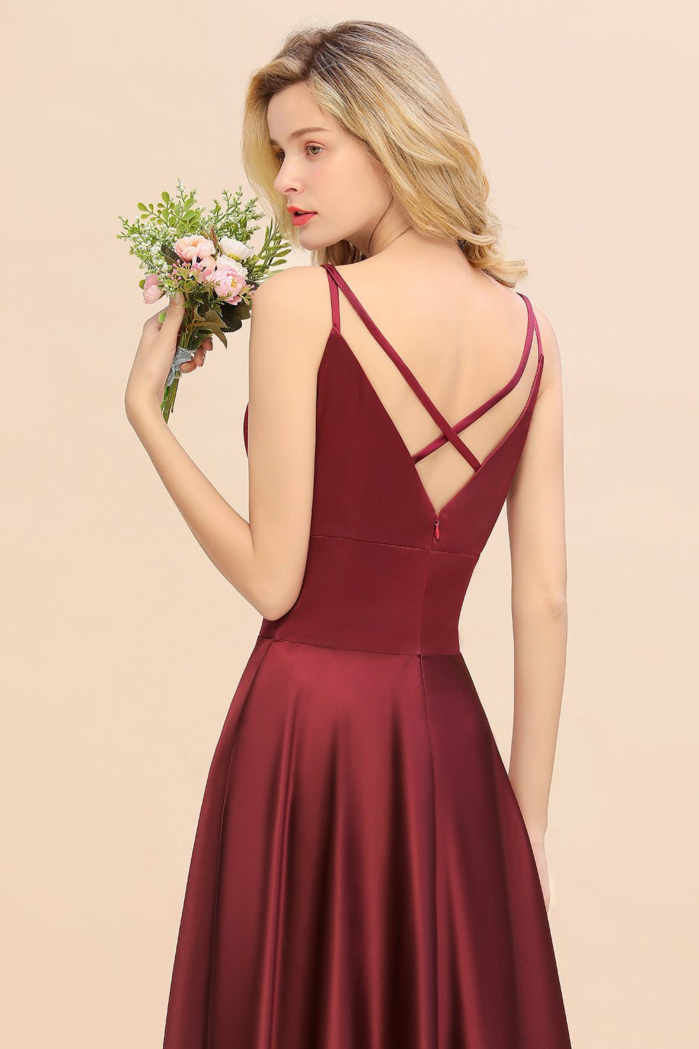 Chic Spaghetti-Straps Burgundy Satin Long Bridesmaid Dresses - Fashionpara