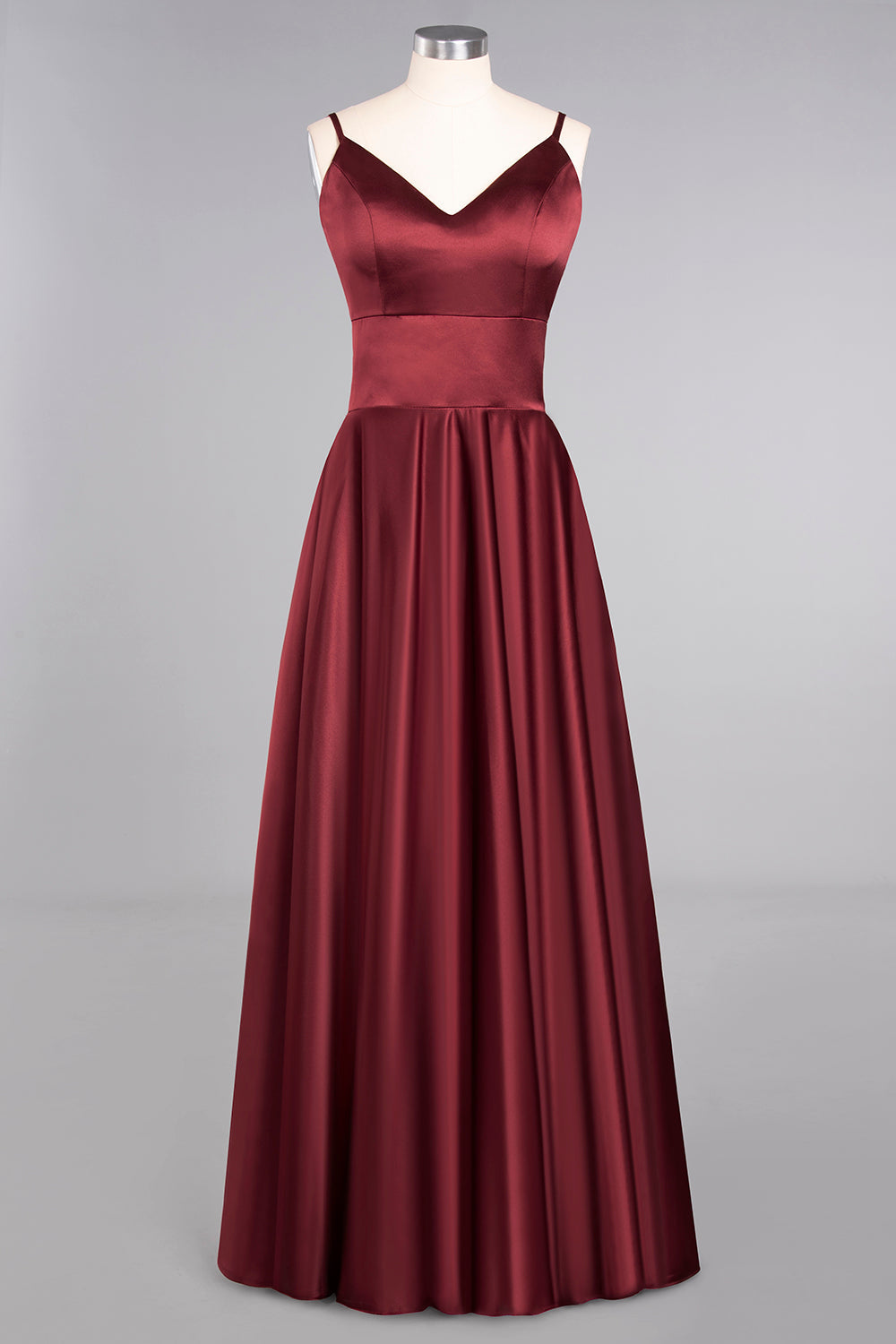 Chic Spaghetti-Straps Burgundy Satin Long Bridesmaid Dresses - Fashionpara