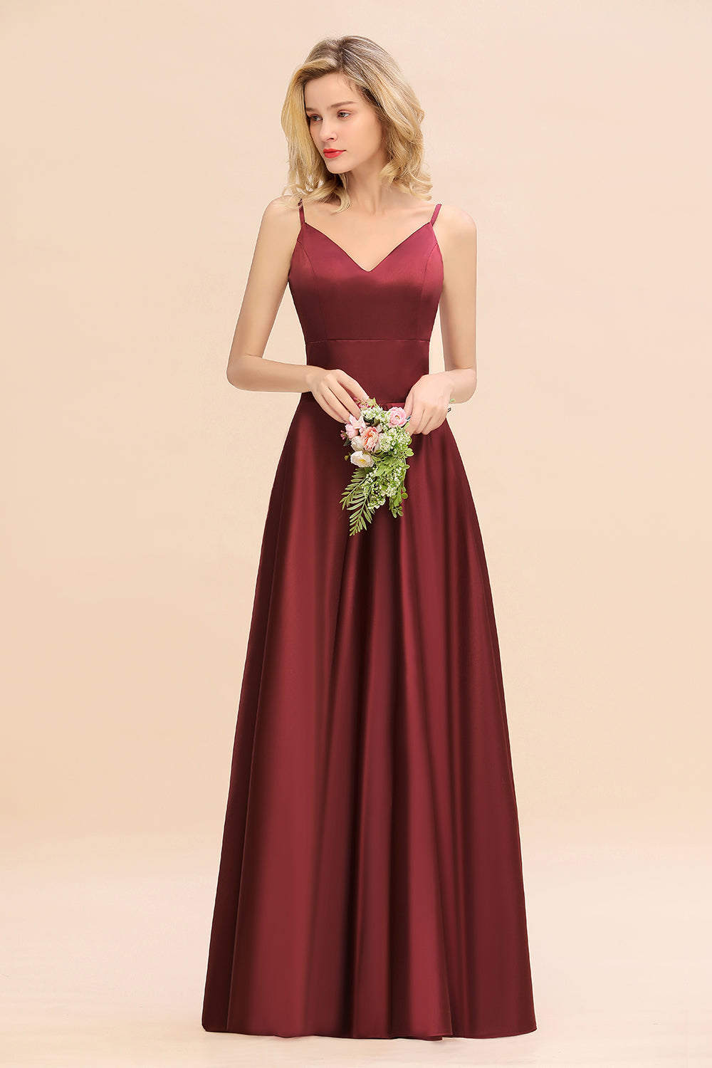 Chic Spaghetti-Straps Burgundy Satin Long Bridesmaid Dresses - Fashionpara