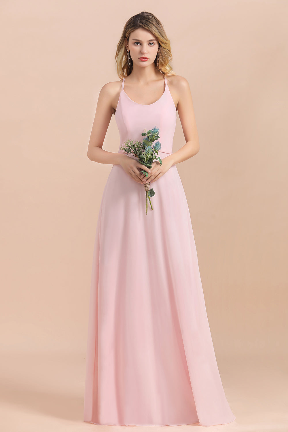 Chic Spaghetti Straps Chiffon Pink Bridesmaid dresses with Crisscross Back - Fashionpara