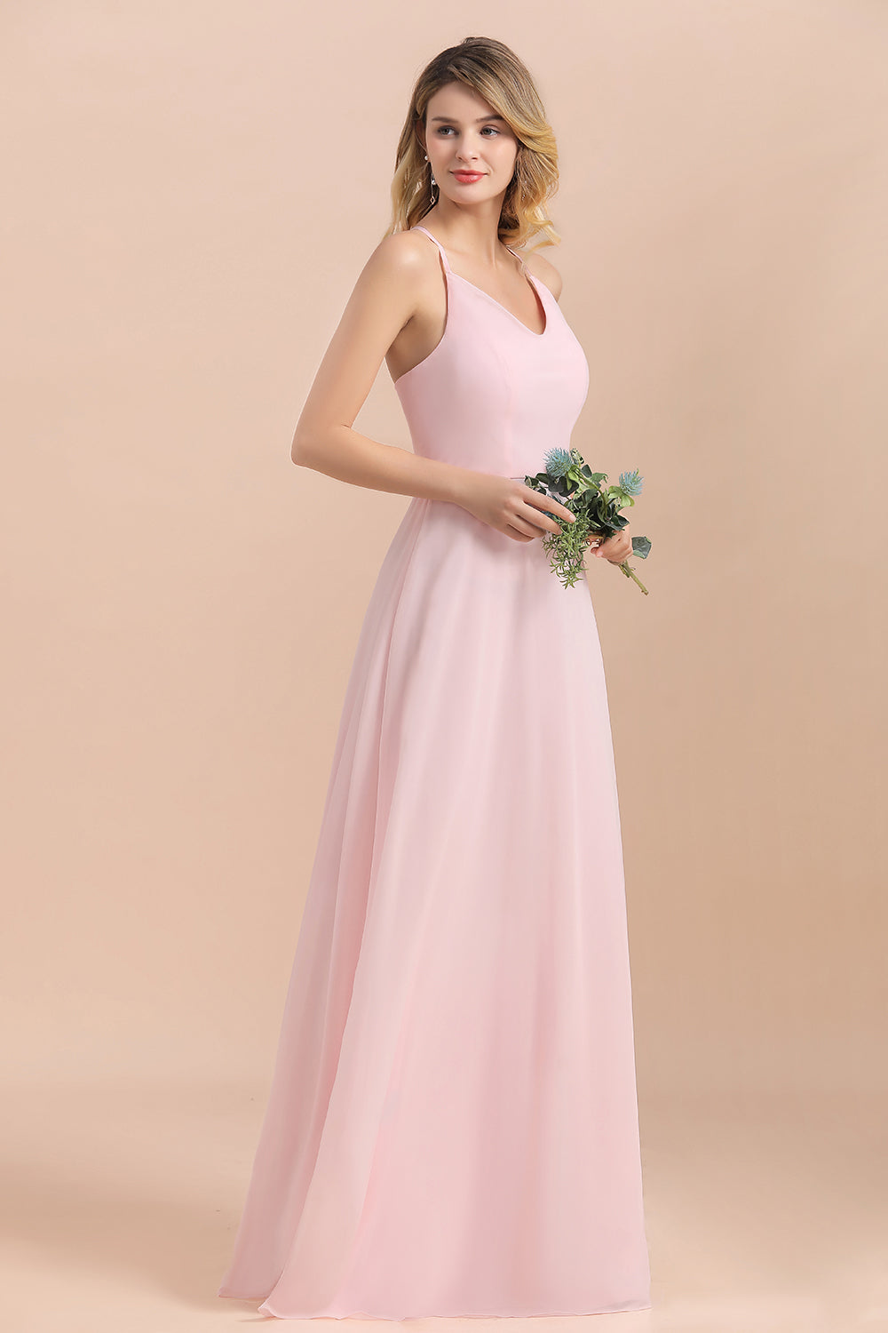 Chic Spaghetti Straps Chiffon Pink Bridesmaid dresses with Crisscross Back - Fashionpara