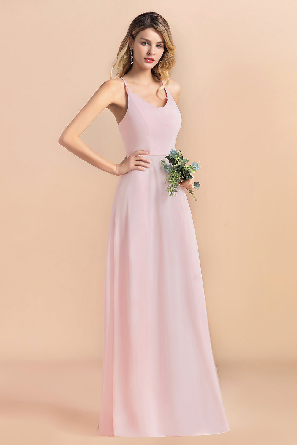 Chic Spaghetti Straps Chiffon Pink Bridesmaid dresses with Crisscross Back - Fashionpara