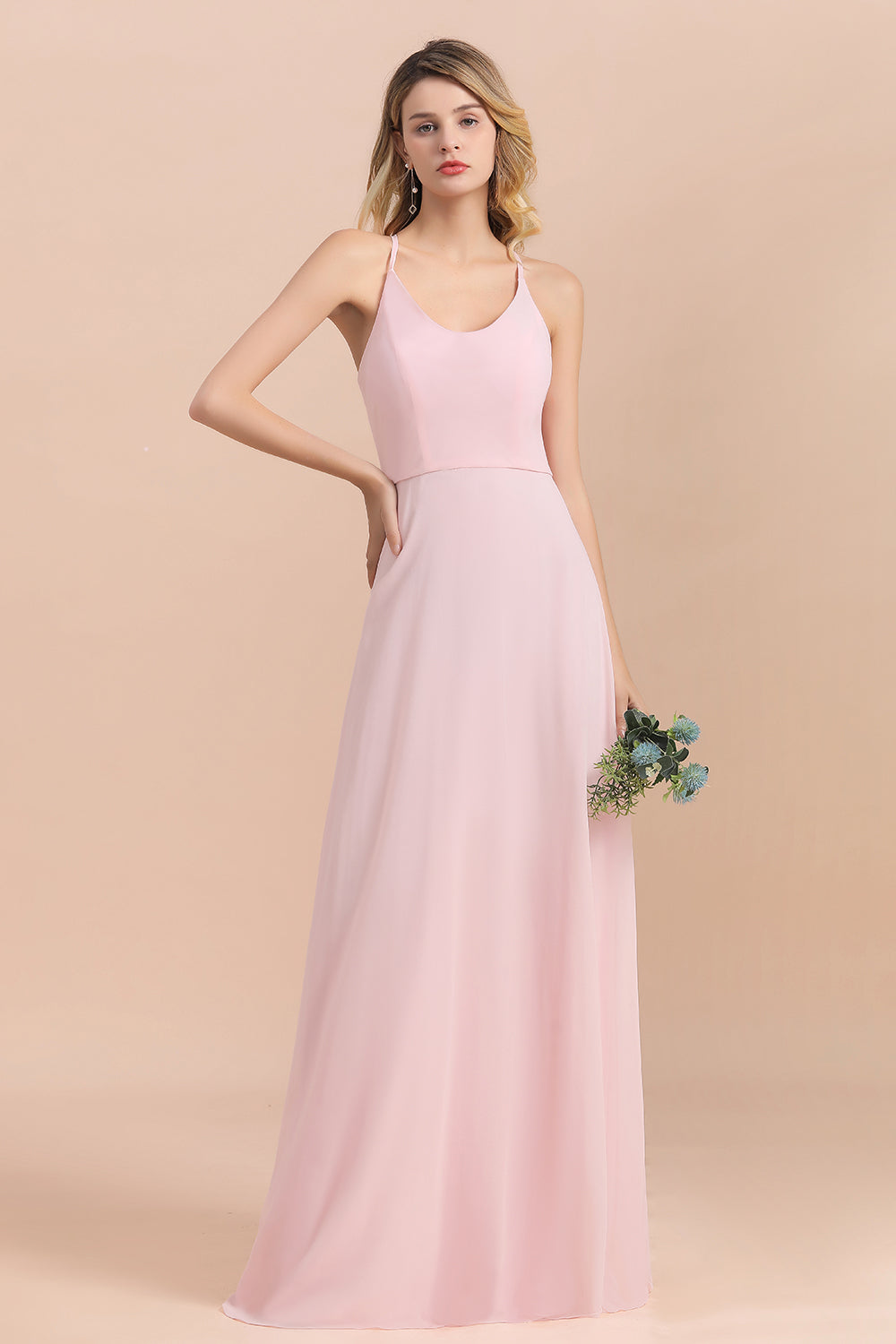 Chic Spaghetti Straps Chiffon Pink Bridesmaid dresses with Crisscross Back - Fashionpara