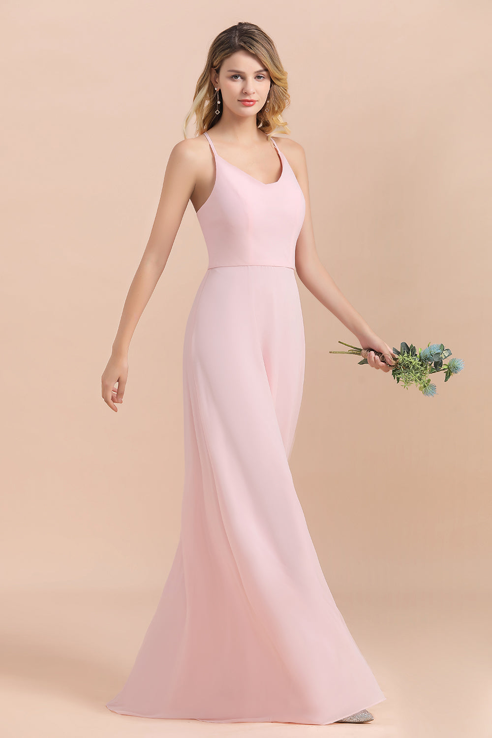 Chic Spaghetti Straps Chiffon Pink Bridesmaid dresses with Crisscross Back - Fashionpara