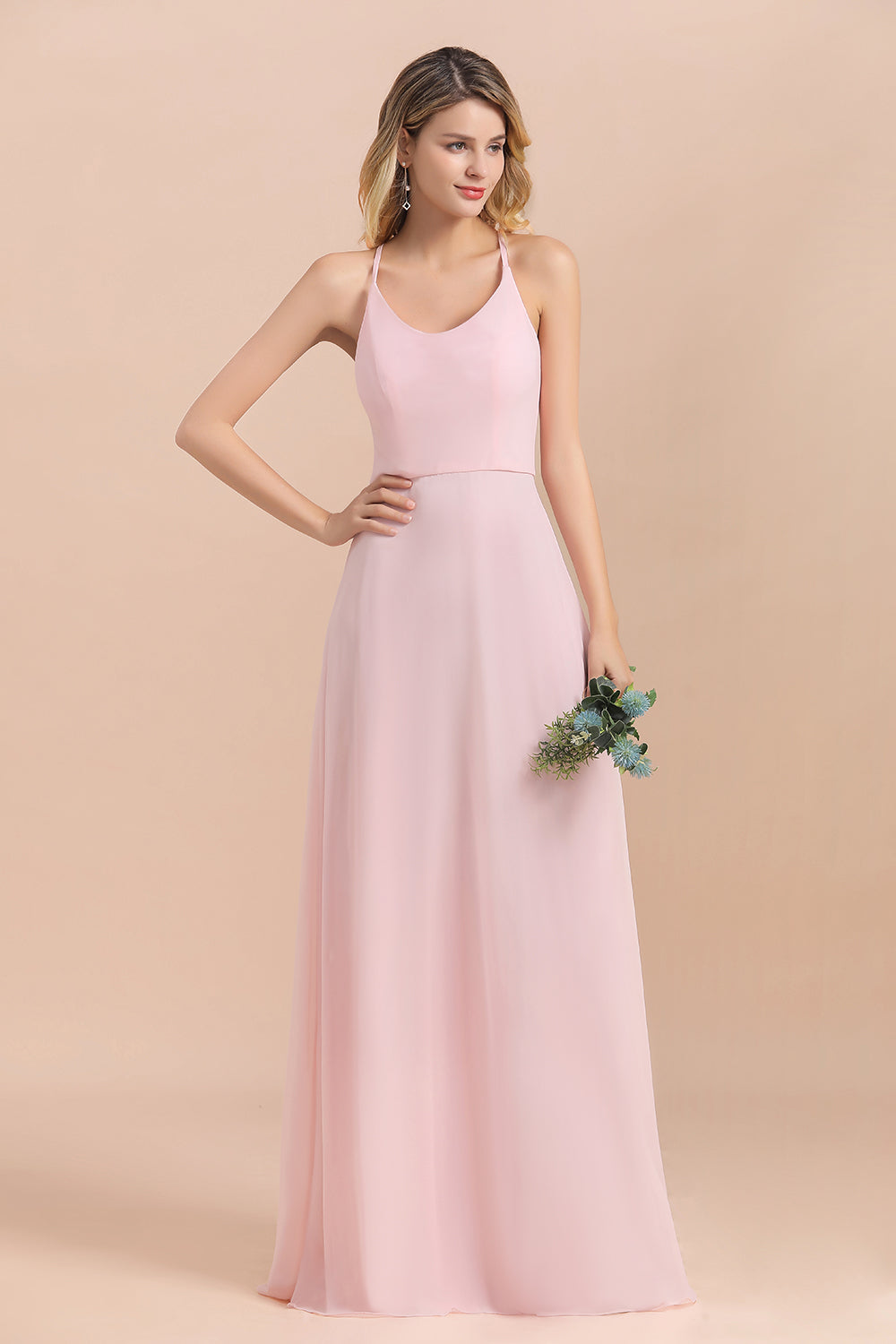 Chic Spaghetti Straps Chiffon Pink Bridesmaid dresses with Crisscross Back - Fashionpara