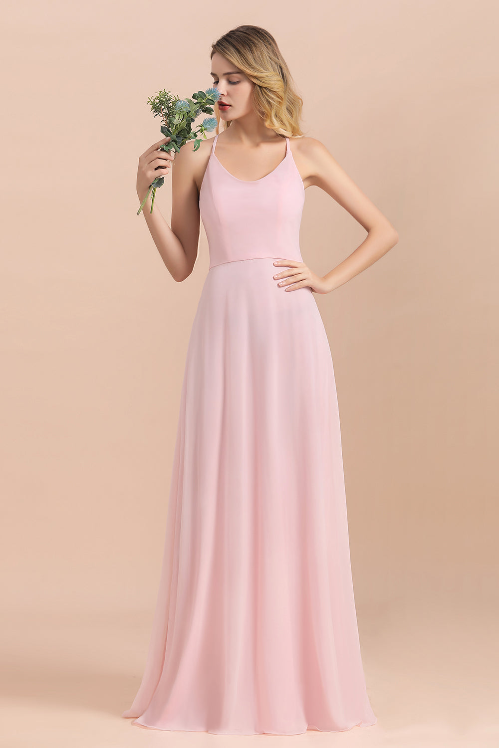Chic Spaghetti Straps Chiffon Pink Bridesmaid dresses with Crisscross Back - Fashionpara