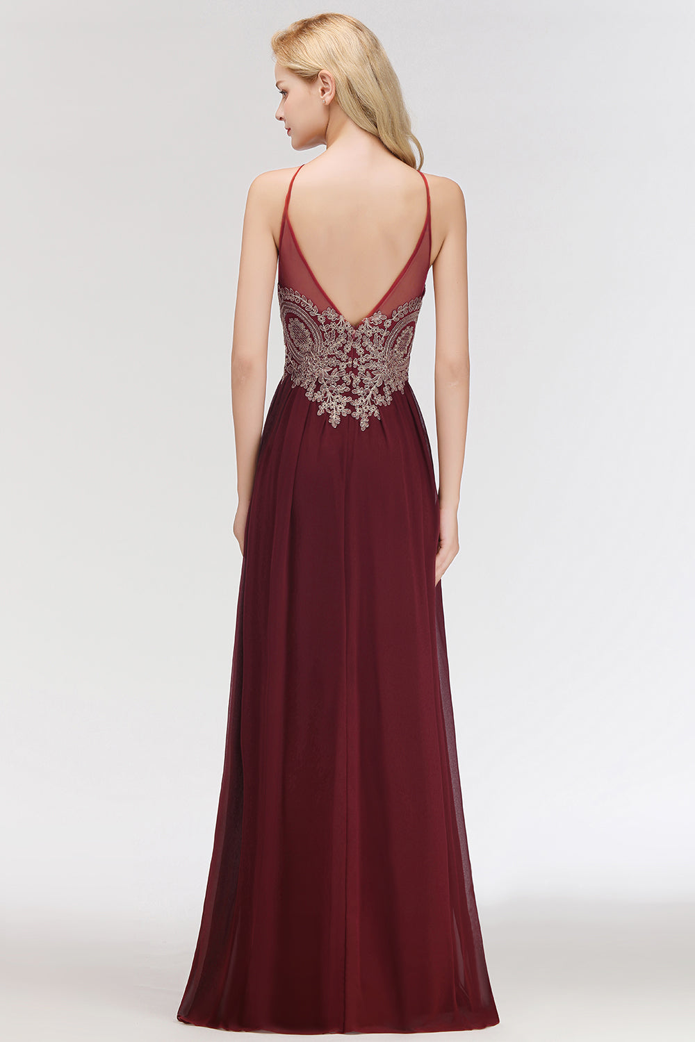 Chic Spaghetti Straps Long Burgundy Backless Bridesmaid Dresses with Appliques - Fashionpara