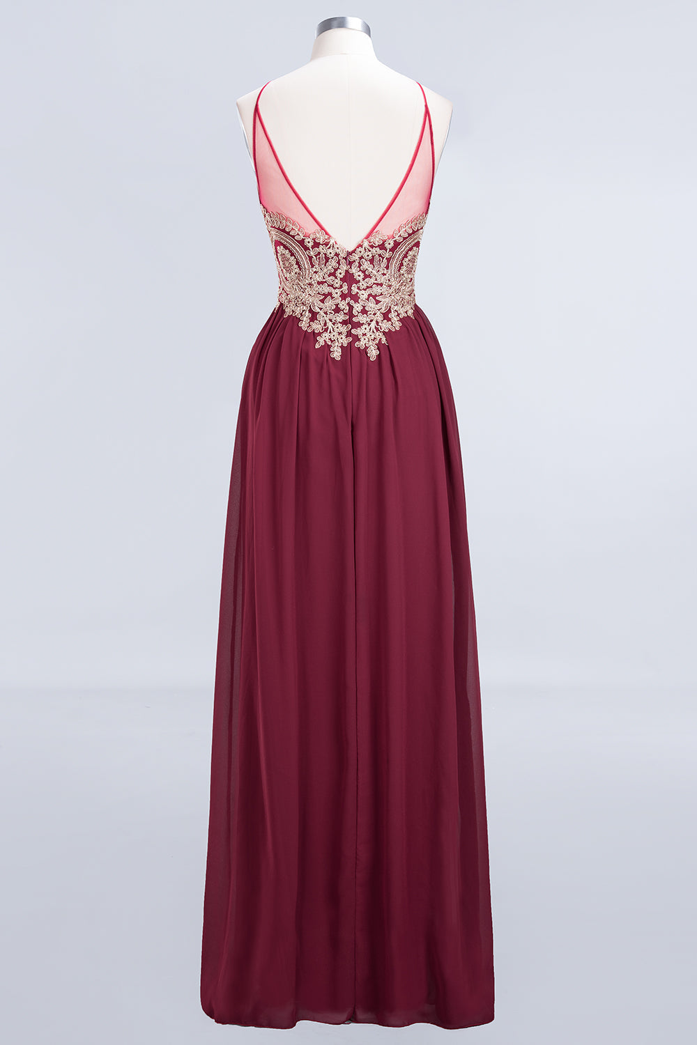 Chic Spaghetti Straps Long Burgundy Backless Bridesmaid Dresses with Appliques - Fashionpara