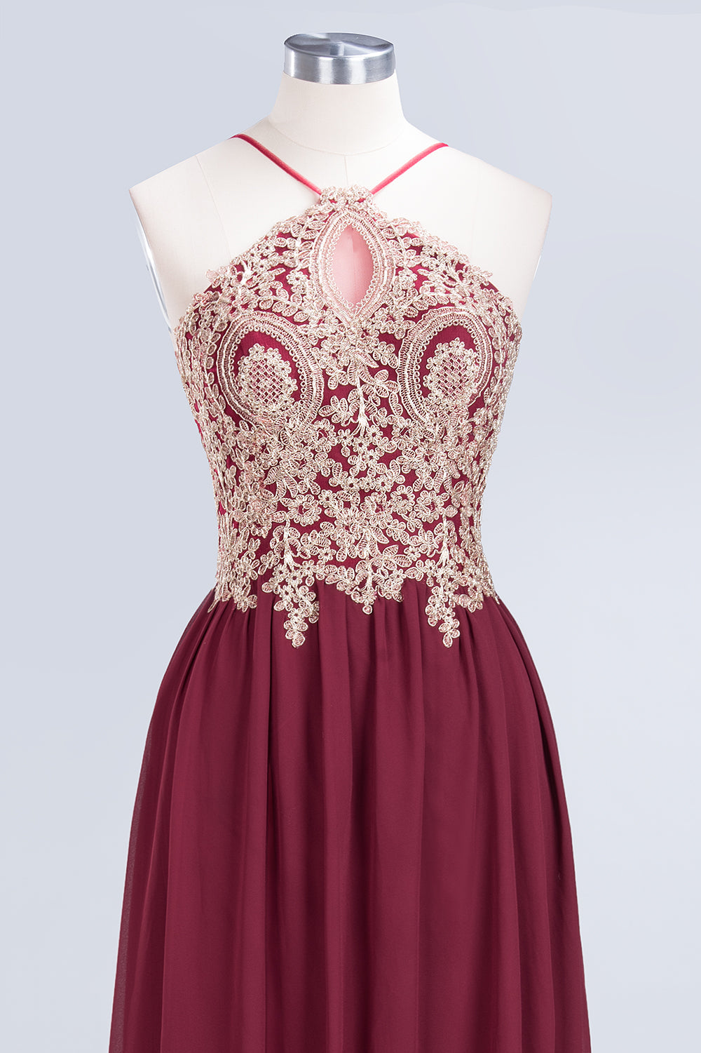 Chic Spaghetti Straps Long Burgundy Backless Bridesmaid Dresses with Appliques - Fashionpara