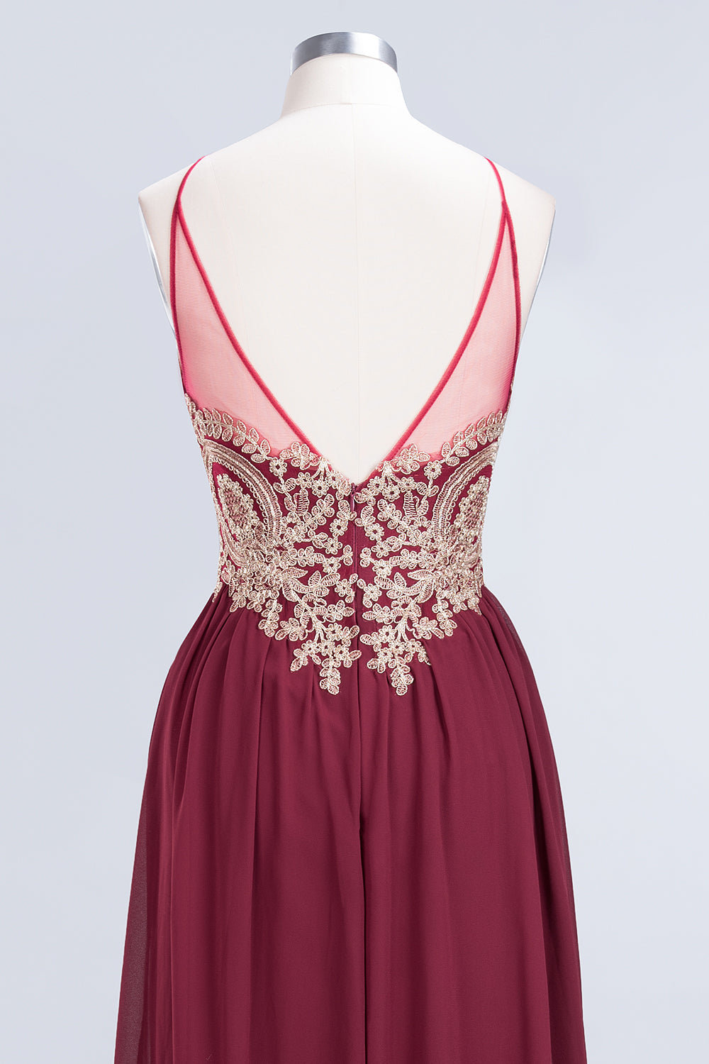 Chic Spaghetti Straps Long Burgundy Backless Bridesmaid Dresses with Appliques - Fashionpara