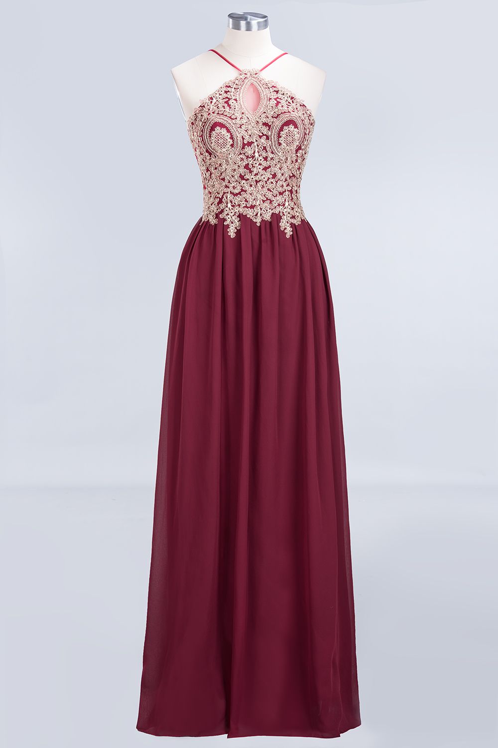 Chic Spaghetti Straps Long Burgundy Backless Bridesmaid Dresses with Appliques - Fashionpara