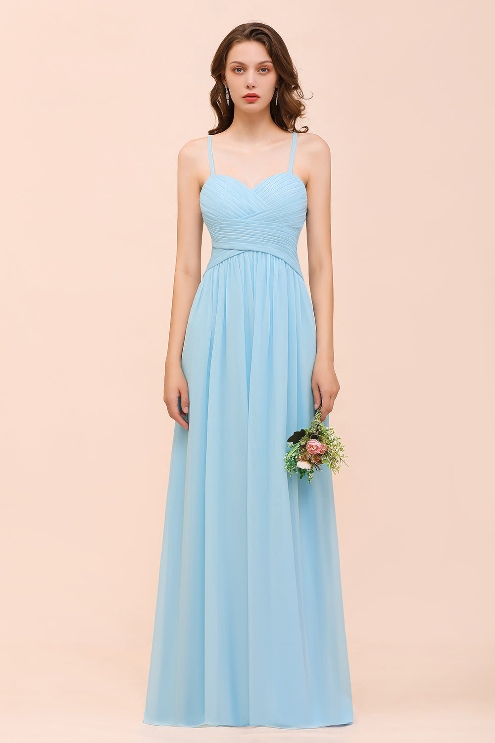 Chic Spaghetti Straps Ruffle Sky Blue Chiffon Bridesmaid Dresses - Fashionpara