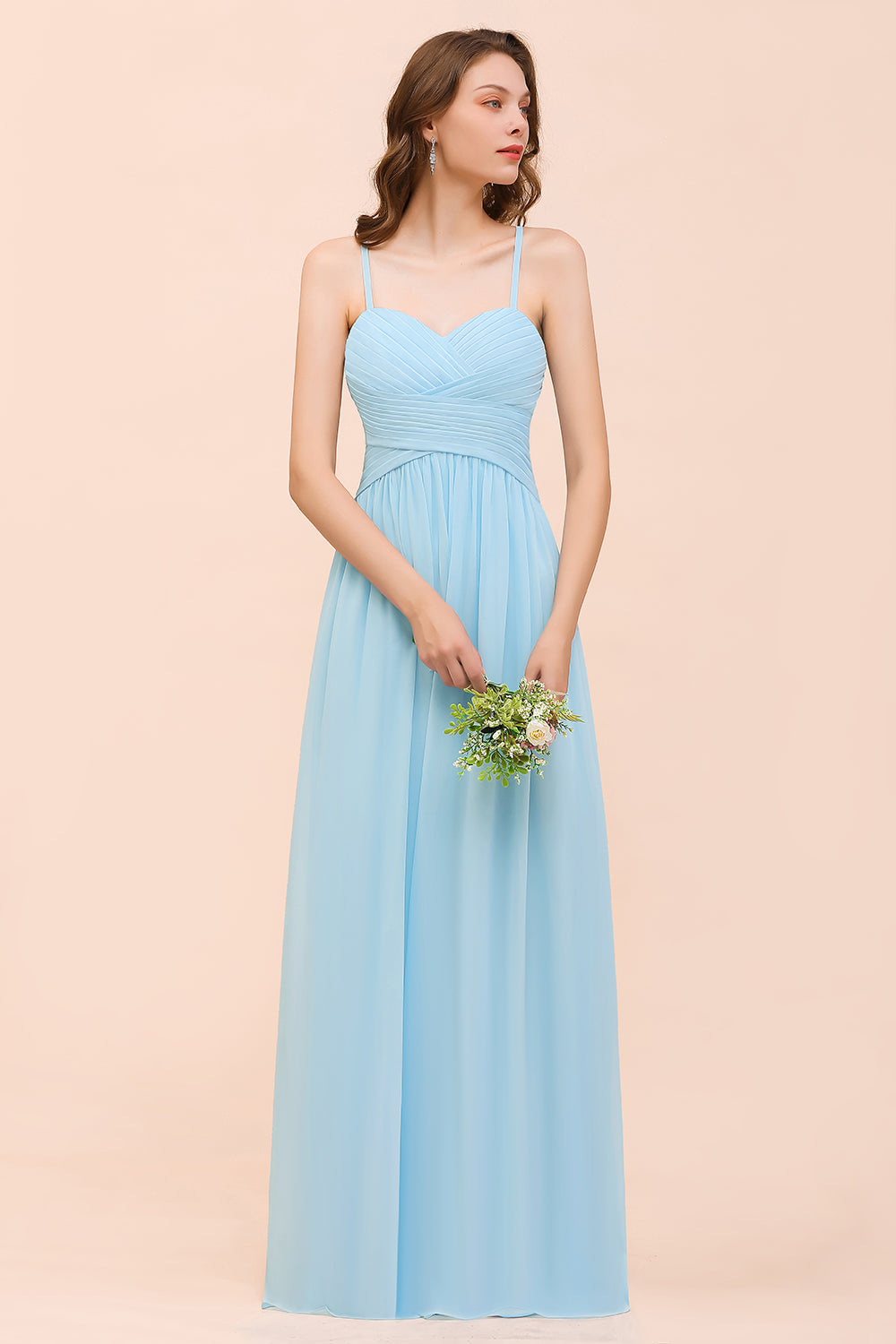 Chic Spaghetti Straps Ruffle Sky Blue Chiffon Bridesmaid Dresses - Fashionpara