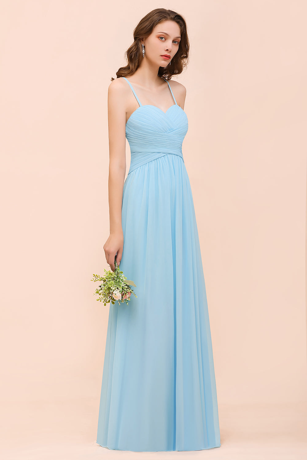 Chic Spaghetti Straps Ruffle Sky Blue Chiffon Bridesmaid Dresses - Fashionpara