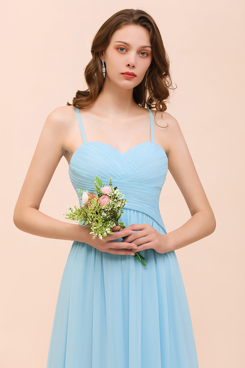 Chic Spaghetti Straps Ruffle Sky Blue Chiffon Bridesmaid Dresses - Fashionpara