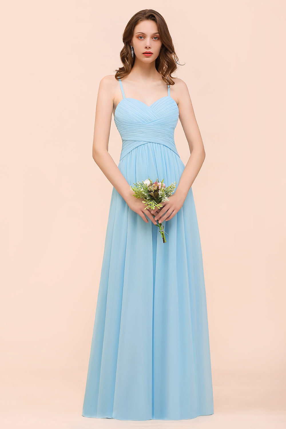 Chic Spaghetti Straps Ruffle Sky Blue Chiffon Bridesmaid Dresses - Fashionpara