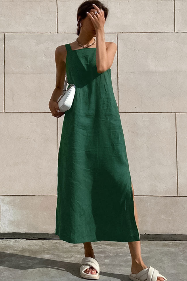 Chic Square Neck A Line Linen Blend Split Summer Midi Sundress - Green  Fashionpara