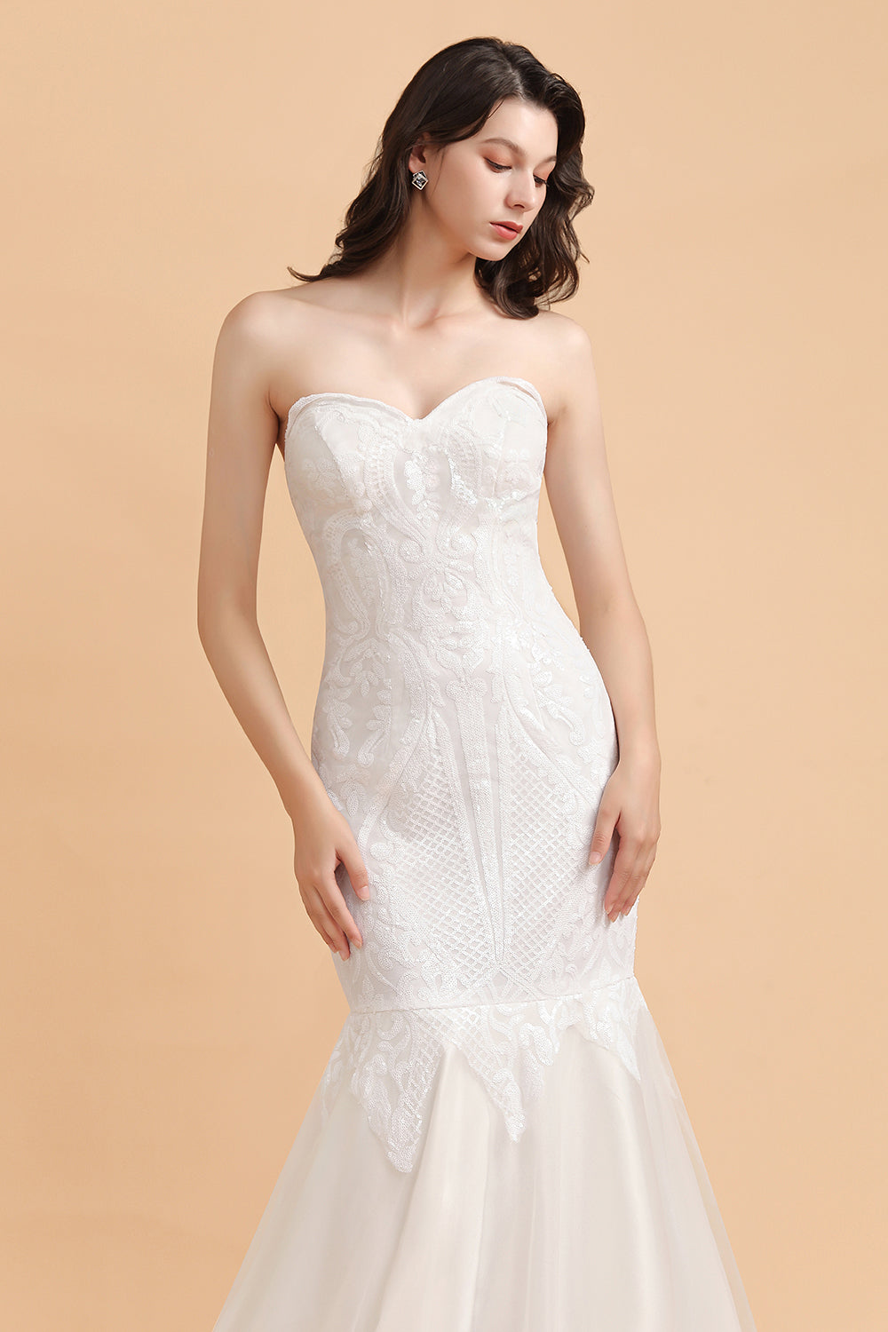 Chic Strapless Sweetheart Ivory Mermaid Prom Dresses Sleeveless Appliques Sequined Evening Dresses On Sale - Fashionpara