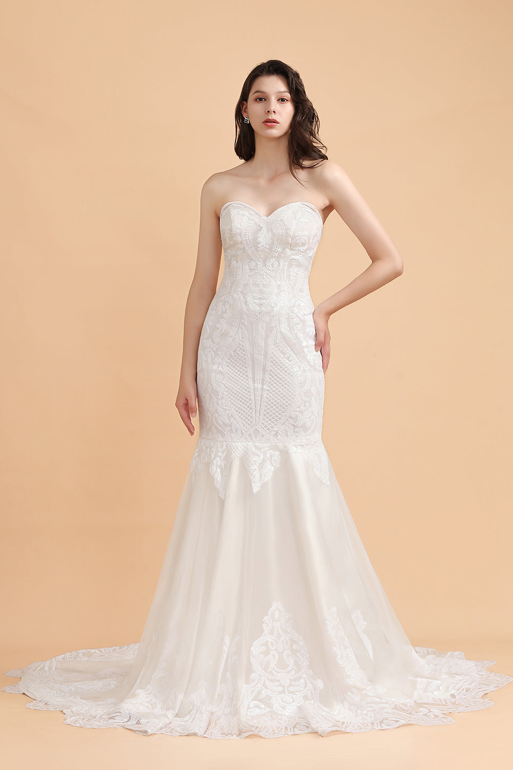 Chic Strapless Sweetheart Ivory Mermaid Prom Dresses Sleeveless Appliques Sequined Evening Dresses On Sale - Fashionpara