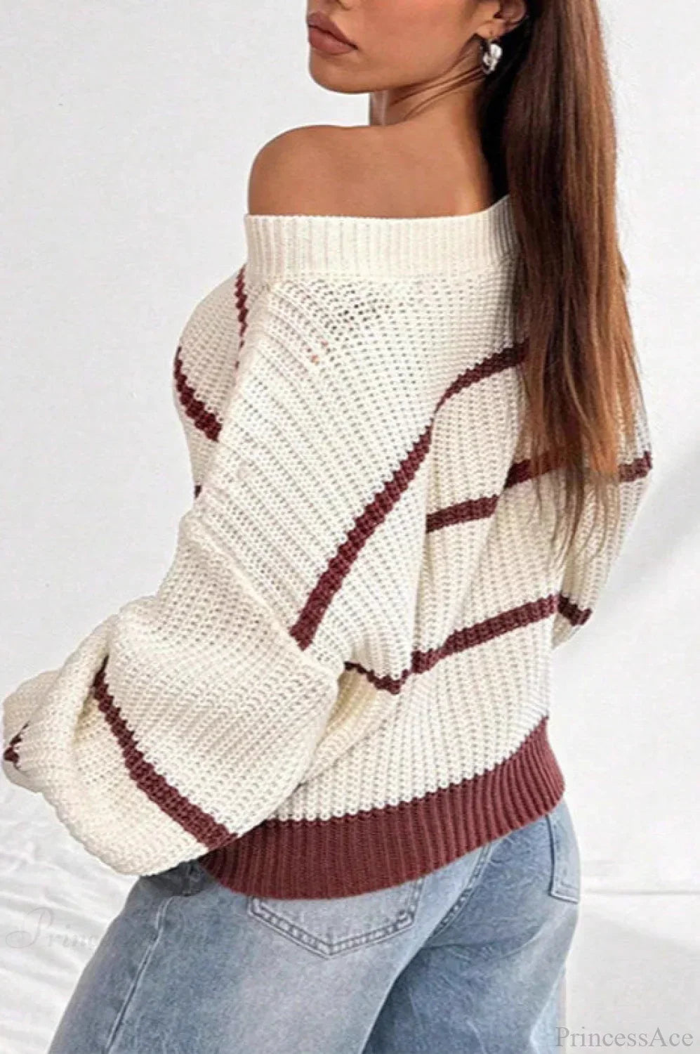 Chic Striped Off Shoulder Lantern Sleeve Knit Sweater