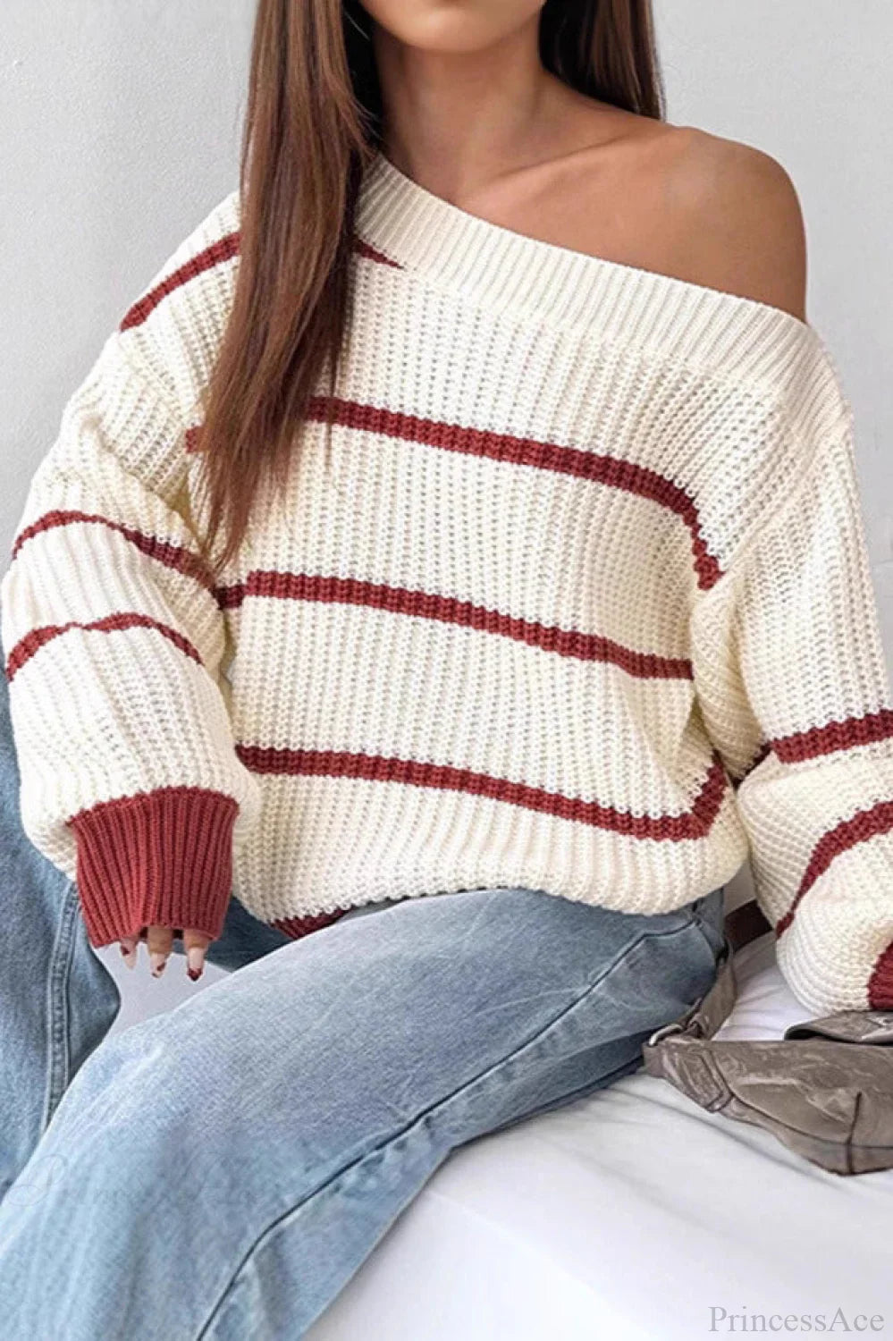 Chic Striped Off Shoulder Lantern Sleeve Knit Sweater Red / S