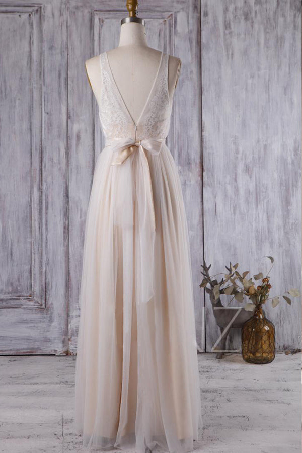 Chic Tulle Lace Wedding Dress Ruffle V-neck Sleeveless Bridal Gowns On Sale - Fashionpara