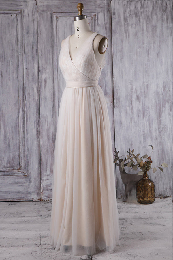 Chic Tulle Lace Wedding Dress Ruffle V-neck Sleeveless Bridal Gowns On Sale - Fashionpara