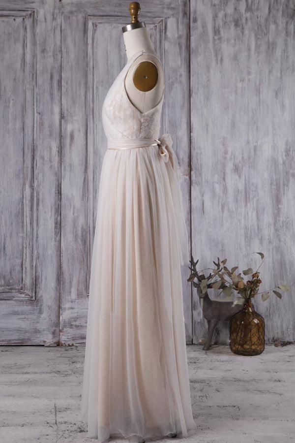 Chic Tulle Lace Wedding Dress Ruffle V-neck Sleeveless Bridal Gowns On Sale - Fashionpara
