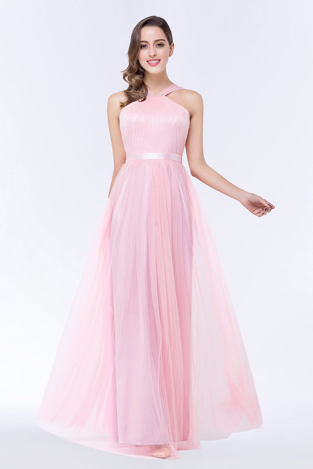 Chic Tulle Ruffle Halter Sleeveless Pearls Bridesmaid Dresses with Sash - Fashionpara