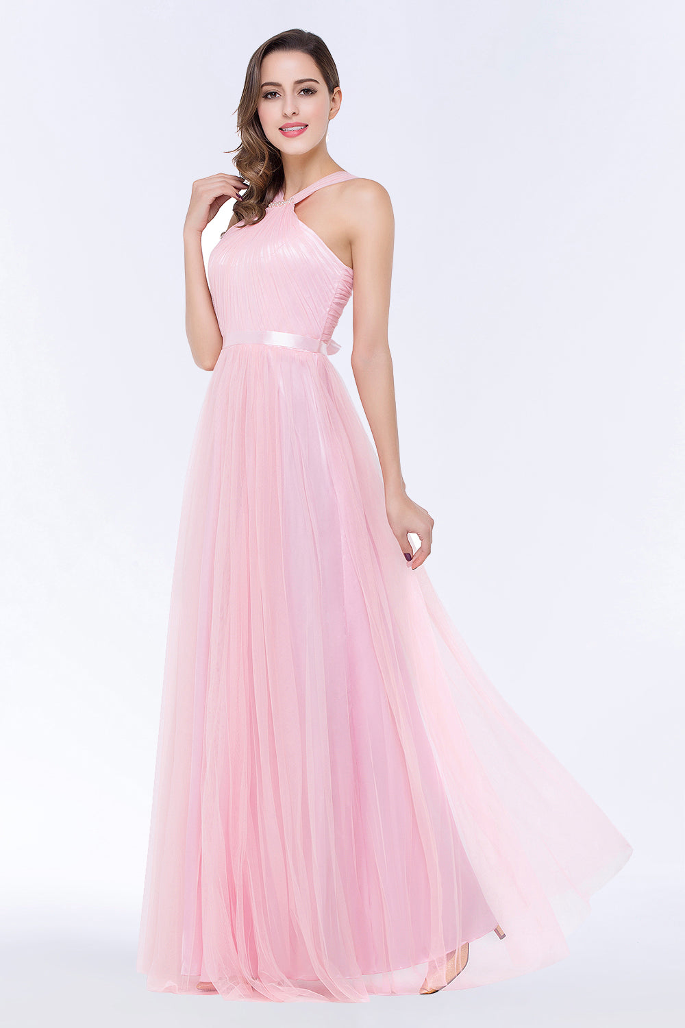 Chic Tulle Ruffle Halter Sleeveless Pearls Bridesmaid Dresses with Sash - Fashionpara
