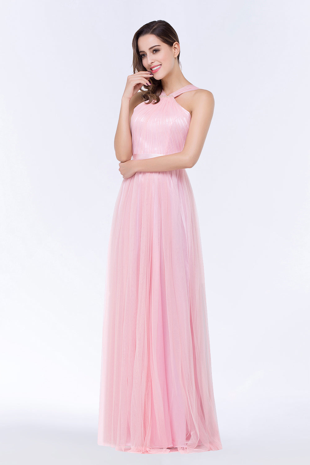 Chic Tulle Ruffle Halter Sleeveless Pearls Bridesmaid Dresses with Sash - Fashionpara