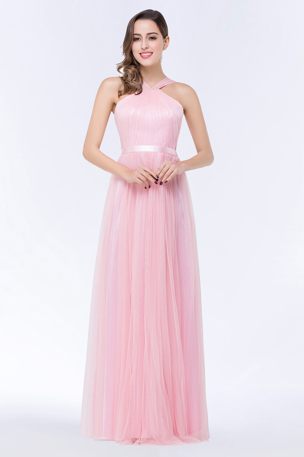 Chic Tulle Ruffle Halter Sleeveless Pearls Bridesmaid Dresses with Sash - Fashionpara