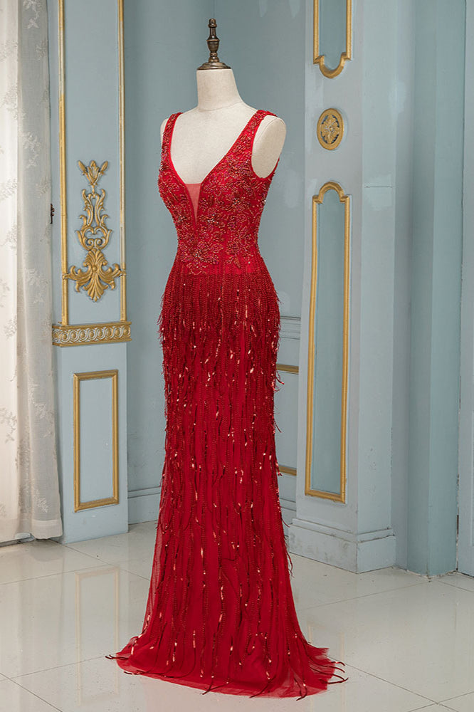 Chic Tulle Straps V-Neck Burgundy Prom Dresses with Rhinestone Appliques - Fashionpara