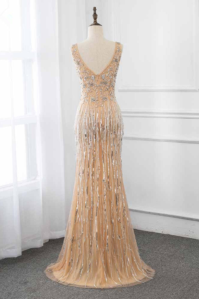 Chic Tulle Straps V-Neck Burgundy Prom Dresses with Rhinestone Appliques - Fashionpara