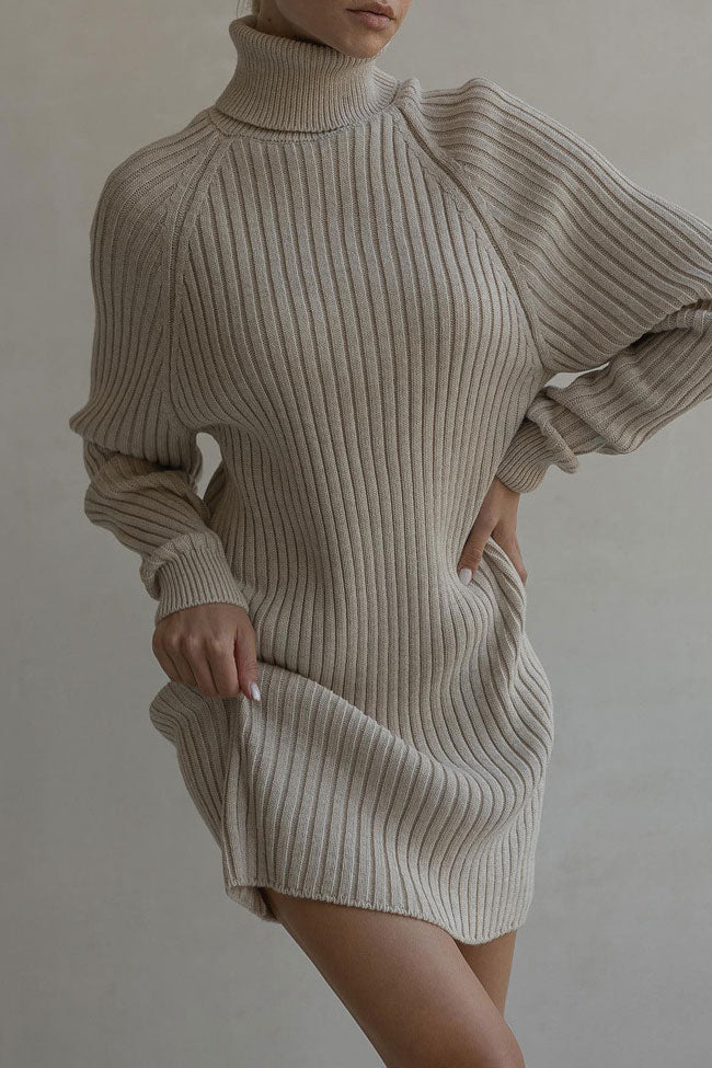Chic Ribbed Knit Turtleneck Sweater Mini Dress in Khaki