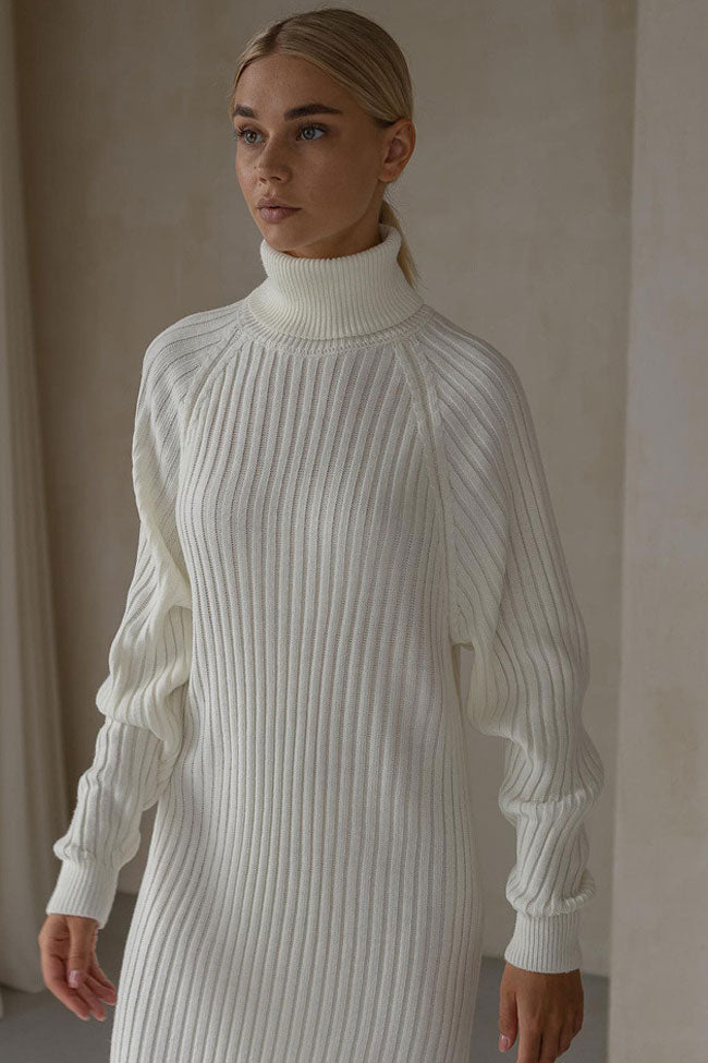 Chic Ribbed Knit Turtleneck Winter Sweater Dress in White