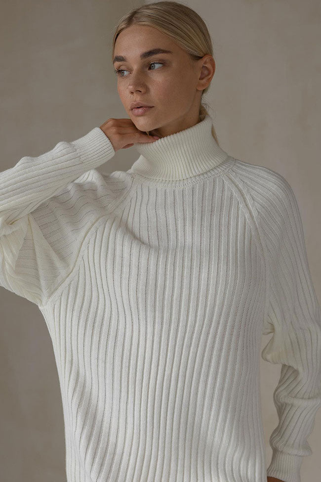 Chic Ribbed Knit Turtleneck Winter Sweater Dress in White