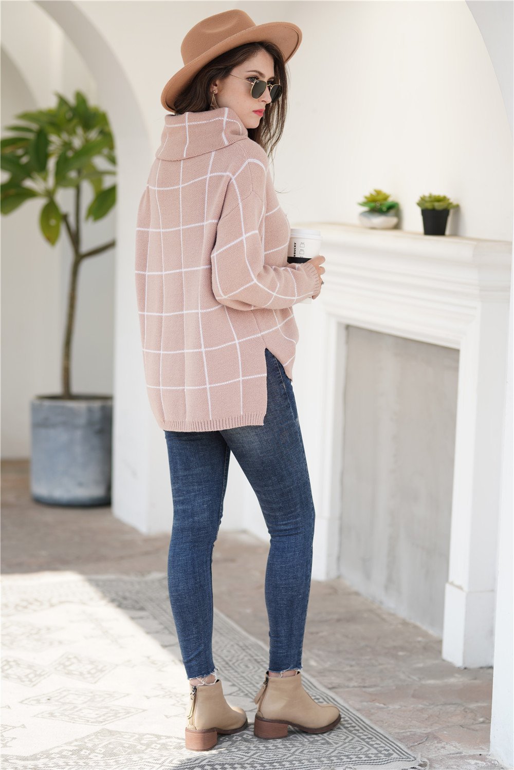 RadyRin Chic Loose Plaid Turtleneck Sweater in Red