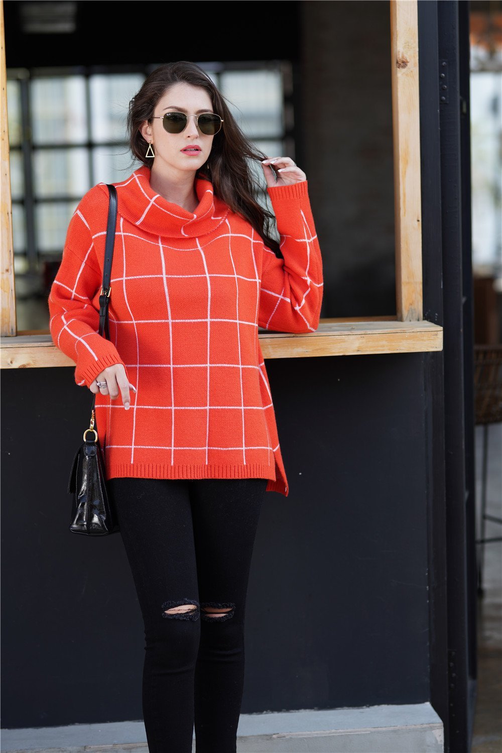 RadyRin Chic Loose Plaid Turtleneck Sweater in Red