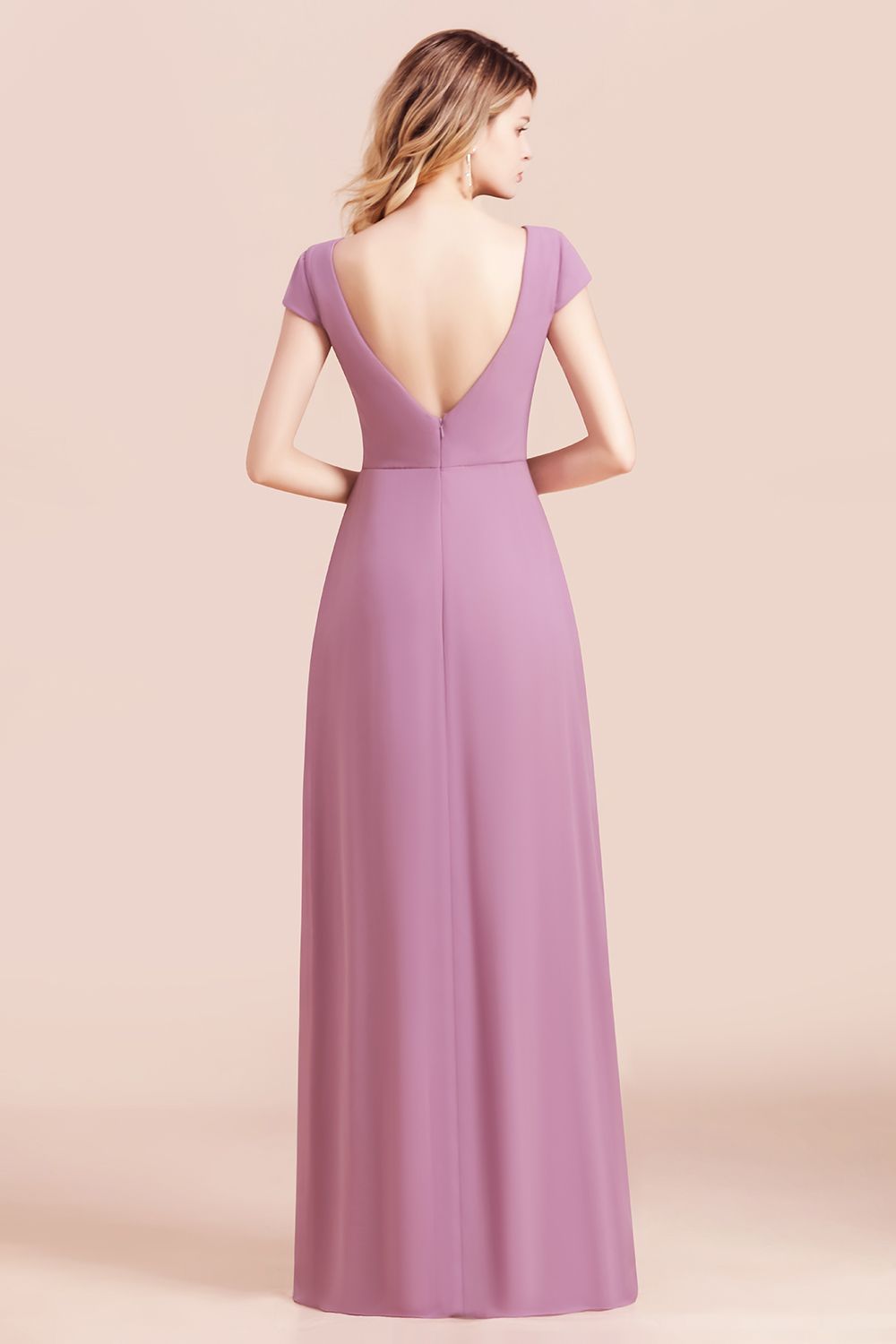 Chic V-Neck Chiffon Wisteria Bridesmaid dresses with Short Sleeves - Fashionpara