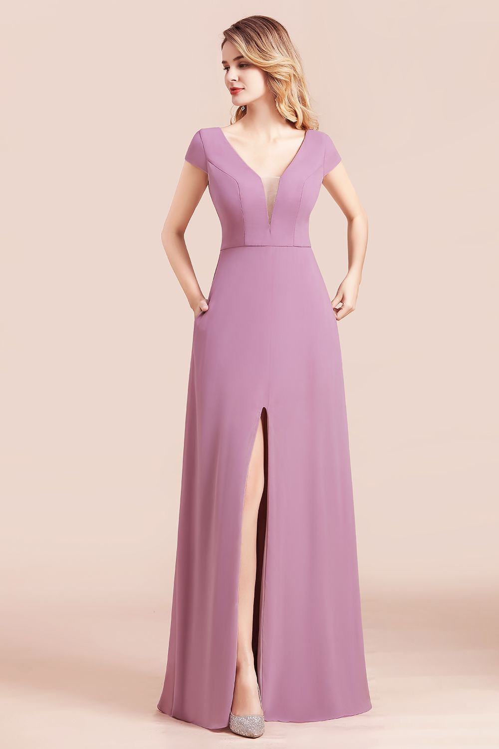 Chic V-Neck Chiffon Wisteria Bridesmaid dresses with Short Sleeves - Fashionpara