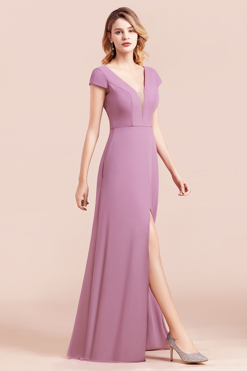 Chic V-Neck Chiffon Wisteria Bridesmaid dresses with Short Sleeves - Fashionpara